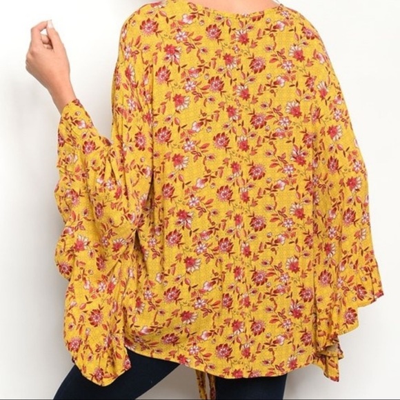 HPx2 Mustard Red Floral Tunic Relaxed Fit Ruffle Butterfly Sleeves Tie Waist SML - Picture 2 of 16
